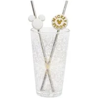 Disney Mickey Mouse Glas Glas 480 ml mit 2 Edelstahl Trinkhalmen, 3-tlg., Glas