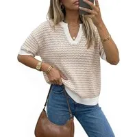 Arach&Cloz Strickpullover Damen Kurzarm-Pullover, Polo V-Ausschnitt 100% Baumwolle, Gestreift Sommer Strickshirt, Casual Top
