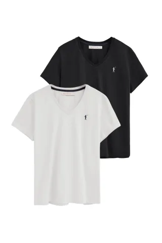 Zweierpack kurzärmlige Damen-T-Shirts schwarz und weiß mit V-Ausschnitt und Rigby Go Stickerei