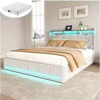 Furnishings Home Polsterbett Stauraumbett Doppelbett Jugendbett (7-Zonen Federkernmatratze), Mit LED-Beleuchtung, Matratze, USB & TYPE-C, Leinen, 140x200 cm