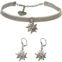 Alpenflüstern Ketten-Set Trachtenschmuck-Set Trachten-Samt-Kropfband und Ohrhänger Strass-Edelweiß (grau), - Damen-Trachten-Schmuck, Trachtenset Trachtenkette und Trachten-Ohrringe