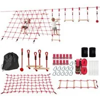 AIYAPLAY Slackline Ninja Line Kinder mit Turnringe, Schaukel, Kletterleiter, Kletternetz, für 3-6 Jahre Kinder Rot