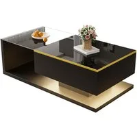 Merax Couchtisch hochglanz Beistelltisch mit Stauraum und Glastischplatte (100x50x32,5cm), Wohnzimmertisch mit Bluetooth, Sofatisch Kaffeetisch mit LED