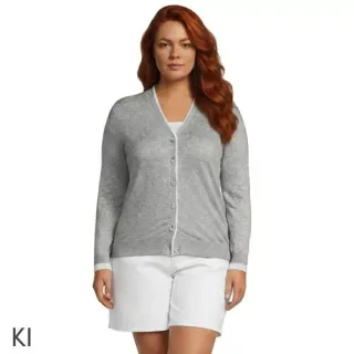 Feinstrick-Baumwollcardigan mit unterlegtem Ausschnitt in Plus-Größe, Damen, size: plus, Beige, Baumwolle, by Lands' End
