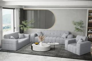 Sofaset Designersofa NANCY 3-2-1 in Stoff Neve Hellgrau