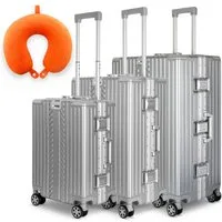 WINLIFE Trolley Hartschalen-Koffer Alu-Rahmen Silber Trolley M, L, XL + Nackenkissen, 4 Doppelrollen Rollen, ABS+PC-Hartschale, TSA-Zahlenschloss, 360°-Doppelrollen