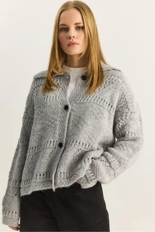 Strukturierter Polokragen-Button-Cardigan