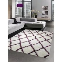 Carpetia Hochflor-Teppich Shaggy Teppich Wohnzimmerteppich Hochflor Langflor Rauten creme lila, rechteckig, Höhe: 40 mm