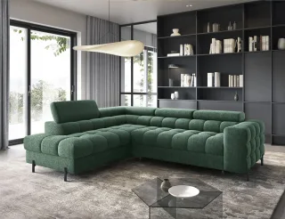 Ecksofa mit Schlaffunktion Sofa AMARA Stoff Aphrodite Dunkelgrün Ottomane Links