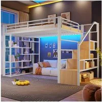 Flieks Hochbett Metallbett 140x200cm mit LED-Lichtleiste, Ablagefach, Stauraumtreppe