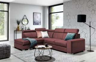 Ecksofa Schlafsofa NOLAN inkl. USB in Stoff Monolith Purpurrot Ottomane Links