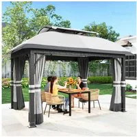 Outsunny Pavillon 4x3,3 m, mit Doppeldach, Moskitonetz, Seitenteile, mit 4 Seitenteilen, (Wasserdicht Stabil Winterfest Gartenpavillon, Garten-Pavillon), aus verzinktem Metall, für Garten, Terrasse, Hellgrau