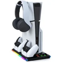 BBG PS5 Kühlständer für PS5 / PS5 Slim / PS5 Pro Ladestation (2800 mA, mit Headset-Halter & USB-Hub, Geräuscharm Lüfter, für PS5, PS5 Slim und PS5 Pro (Digital & Disc), mit Dual-Controller-Ladestation, RGB-Beleuchtung)