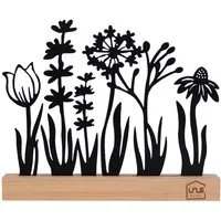 UNUS HOME Dekofigur Aufsteller Blumenwiese (Schwarz), Blumenwiese-Silhouette aus Metall und Bambus-Holz Wohndekoration