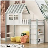 Flieks Hochbett Hausbett Kinderbett 90x200cm mit Sicherheitsleiter und Ablagefach