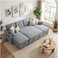 HOMCOM Ecksofa Ausziehbares Schlafsofa Schlafcouch mit Kissen, Eckcouch 1 Teile, 3-fach verstellbare Rückenlehne, Bettkasten, Schlafsofa