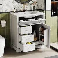 Flieks Waschtisch mit 1 Klappen, 3 Schublade und Türablagen Weiß (B76/T46/H87 cm, bodenstehend, 1-St., Badschrank mit Soft-Close-Schubladenführungen und Metallgriffen), Waschbeckenunterschrank mit Waschbecken Badmöbel in Breite 76 cm