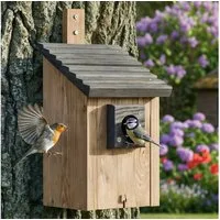 Zooprinz Nistkasten Vogelhaus für Wildvögel Wetterfest Vollholz Vogelhäusschen, Klappbare Front, Räuberschutz, Braun Pultdach