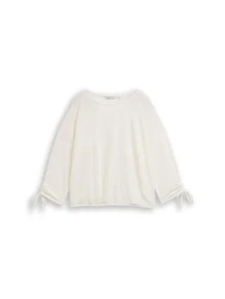 Denim Tom Tailor - Loose Fit Langarmshirt mit Raffärmeln off white - Gr. - XS