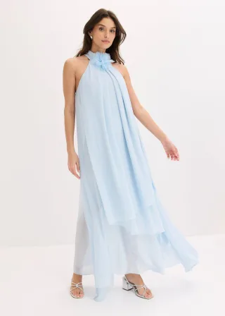 bonprix Maxikleid mit Blumen-Applikation, blau, Gr.42, Maxikleid aus feinem Chiffon im mehrlagigen Look mit Kragen und Blumen-Applikation