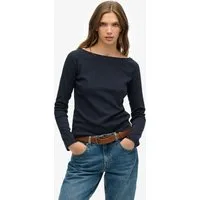 Superdry Langarmshirt BARDOT OFF SHOULDER TOP mit U-Boot Ausschnitt und Wellenkante am Bund, gesticktes Logo am Saum