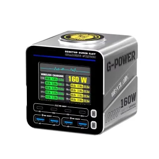 G-POWER 160W Nitride Charger GaN Fast Charger 8-Port PD3.1 QC USB-C USB-A Charging Station with 15W Wireless Charge Meta