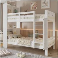 Merax Etagenbett (Jugendbett Stockbett, 1-St), Kieferholz Kinderbett 90x200cm mit Kopfregalen Leiter Stauraum Zaun