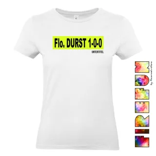 FIREFUN - Damen T-Shirt mit Aufschrift "Flo. DURST 1-0-0" 2XL MIT Untertitel (max. 20 Zeichen) Hinten (Rücken) navy MIT Silberstreifen (Reflexoptik)