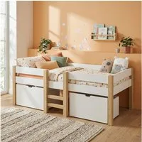 Bellabino Hochbett Aspy mit Rausfallschutz und Lattenrost 90x200 cm (natur / weiß, mit 2 Schubladen, optional mit Matratze) verfügbar in verschiedenen Ausführungen