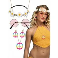 Widdmann Hippie-Kostüm Hippie Set - Karneval Faschingskostüm Schmuck, Blumiges Schmuckset für Hobos und Blumenkinder