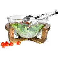 Sendez Schale Salatschale aus Glas mit Salatbesteck auf Holz-Gestell Schale Schüssel, Glas
