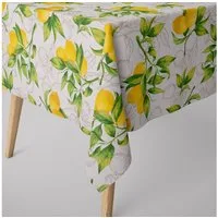SCHÖNER LEBEN. Tischdecke SCHÖNER LEBEN. Tischdecke aus Baumwolle Citron Zitronen weiß grün gel, handmade