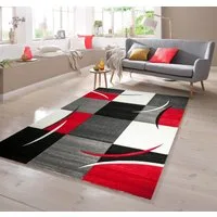 TeppichHome24 Teppich Designer Teppich mit Konturenschnitt Karo Muster Rot Grau Weiß Schwarz, rechteckig