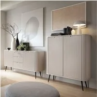 Lomadox Wohnzimmer-Set ZARA-160, (Mega-Spar-Set, 2-St., Konsolentisch Sideboard), in Kaschmir beige gerillt Rillen Metallfüße schwarz Wohnzimmerschränke