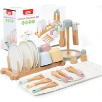 Esun Spielküche Kinderküche Zubehör Holz, 33 St. Geschirrset mit Tassen, Spielküche, Geschenk für Mädchen Jungen ab 3 4 5 6 7 8 Jahre