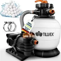 tillvex Sandfilteranlage tillvex Sandfilteranlage 13.200L/h mit 1200g Filterbällen + Pumpe (Poolfilter Selbstansaugend Sandfilter Schwimmbecken, Filteranlage 7-Wege Ventil & 2in1 Adapter Ø32-38mm), Pool 13.200L/h bis 40.000L + 1200g Filterbälle