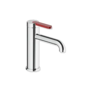 Hewi AQ477 Einhebel-Waschtischarmatur AQ1.12M1134033 Ausladung 130 mm, ohne Ablaufgarnitur, farbiger Griff, chrom / rubinrot