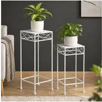 DanDiBo Blumenhocker Weiß Metall Eckig Blumenhocker 2er Set Beistelltisch