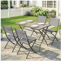 Outsunny Garten-Essgruppe mit 4 Atmungsaktiven Stühlen, Holzoptik, (Klappbar Sitzgruppe, 5-tlg., Gartenmöbel Set), für Garten Balkon Terrasse Grau