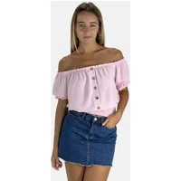 Elara Blusentop Damen Carmen Bluse One Size mit Knopfleiste und Volantärmeln
