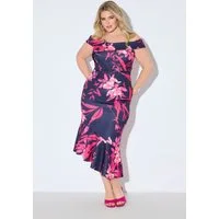 Ulla Popken Cocktailkleid Scuba-Maxikleid Muster Carmenausschnitt Drapierung