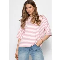 SASSYCLASSY T-Shirt Oversize T-Shirt mit Streifen für Damen Lässiges Shirt mit Rundhalsausschnitt und weiten Ärmeln Rosa Weiß