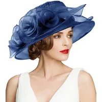 Bwecuy Sonnenhut Damenhut mit breiter Krempe, Blumen- und Blattdekor ideal für Hochzeit, Kirche und Tea Party