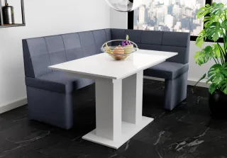 Eckbankgruppe 196x142 cm BLAKE XL L Stoff Soro Dunkelgrau/ Esstisch DANTE Wei...