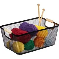 relaxdays Aufbewahrungskorb Drahtkorb mit Holzgriffen (1 St), schwarz