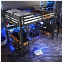 MODFU Hochbett integriertem Schreibtisch, LED-Beleuchtung und Ablagefach (Metallbett Jugendbett, Stauraumtreppe & Sicherheitsgeländer, 140x200 cm Funktionsbett) ohne Matratze