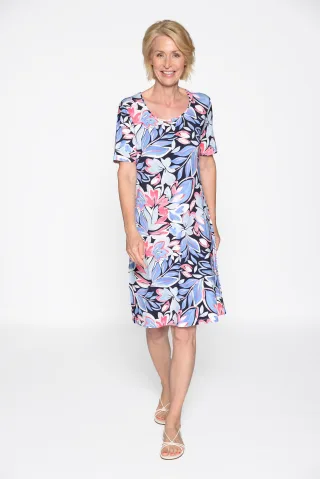 CLARINA - Rdh.-Kleid, 1/2 Arm, Druck marine combo - Gr. - 40