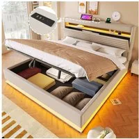 Merax Polsterbett mit LED-Beleuchtung und USB/Typ-C Ladefunktion (Leinenstoff, 1-tlg., Mehrzweckbett), Doppelbett 180x200cm mit hydraulischem Stauraum & Flip-Top-Staufach