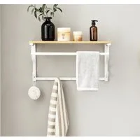VASAGLE Wandgarderobe Wandregal, für Flur, Badezimmer und Wohnzimmer, 60 x 30 x 31,7 cm, mit 5 Haken und Ablage, mit Hängestange, eichefarben-weiß
