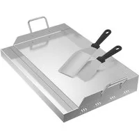 FIVMEN Grillplatte Edelstahl Grill Platte Set Universal BBQ Plancha Gasgrills Grillschale (Mit Griffe und Grillspachtel), für Gleichmäßige Hitzeverteilung Grillschale Inbegriffen Grillspachtel
